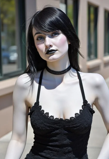 ftv style, of a gothic woman, pale white skin, black lipstick, black bra, curvy, cleavage, wearing a black frilly dress, upper body, choker, long black hair, blue eyes, outside, sunny, swept bangs