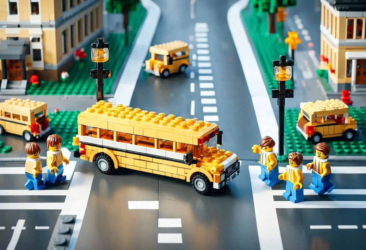 a lego of school bus, on the road, student cross the road