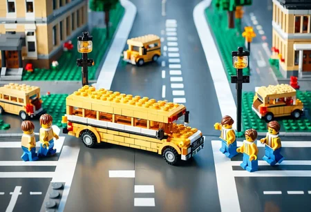 a lego of school bus, on the road, student cross the road