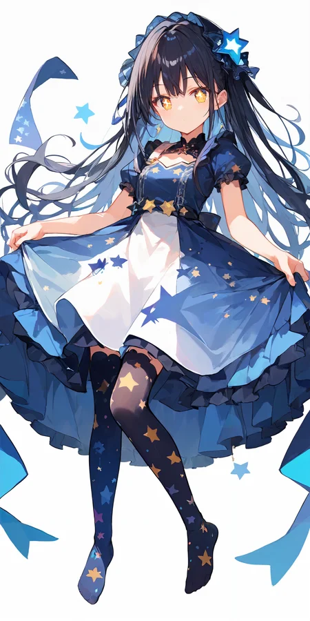 score_9, score_8_up, score_7_up,source_anime, high res image,masterpiece,best quality,girl,cute face,clear skin,shiny hair,ultra detailed eyes,simple background, <lora:ni-so_pony_V1.0:1> jyojifuku, star print  thighhighs,dress,foot