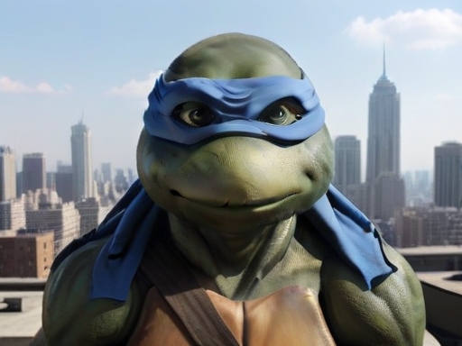 close-up, TMNTLeonardo, a teenage mutant ninja turtle, wearing blue bandana mask with eye-holes, standing on a city rooftop during the day, skyscrapers and rooftops and day sky in the background, <lora:TMNT_Turtles_AIO_SDXL-000009:1>