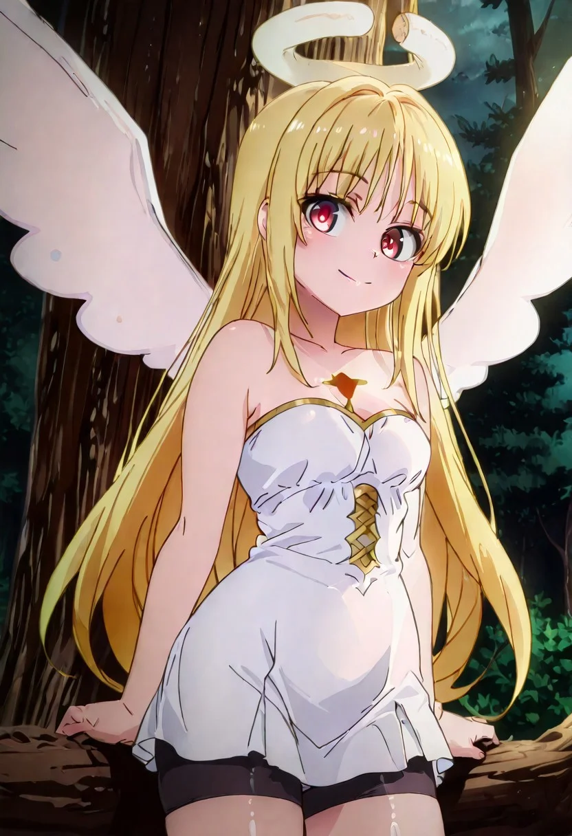 (masterpiece, best quality, good quality, very aesthetic, absurdres, newest:1.2), 1girl, solo, eyelashes, (beautiful eyes), y4m1y4m1, red eyes, blonde hair, dress, bare shoulders, wings, shorts, white dress, tree, strapless, halo, black shorts, bike shorts, strapless dress, angel wings, angel, shorts under dress smile, looking at viewer, <lora:IshuzokuReviewersNAI:1.0>,