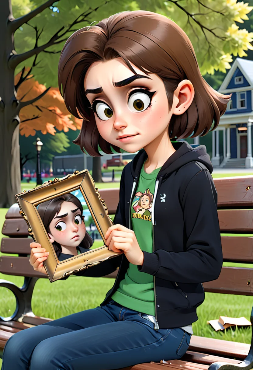 <lora:InfiniteTina:.5>A 14-year-old InfiniteTina holding a broken picture frame staring at it longingly on a park bench.