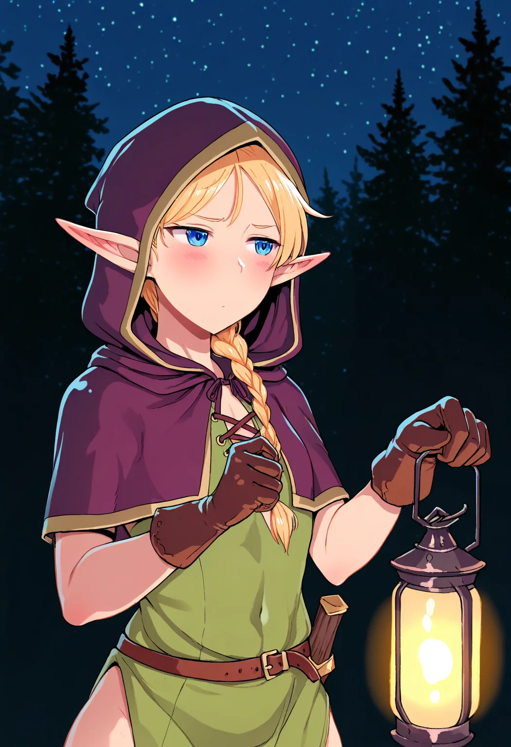 medieval, outdoors, forest, night, <lora:deepvalley-VPRED:1> 1girl, pointy ears, elf, blonde hair, blue eyes, single braid, tunic, thigh boots, flat chest, hood up, hooded capelet, holding lantern, averting eyes, upper body, gloves, masterpiece, best quality, very awa,