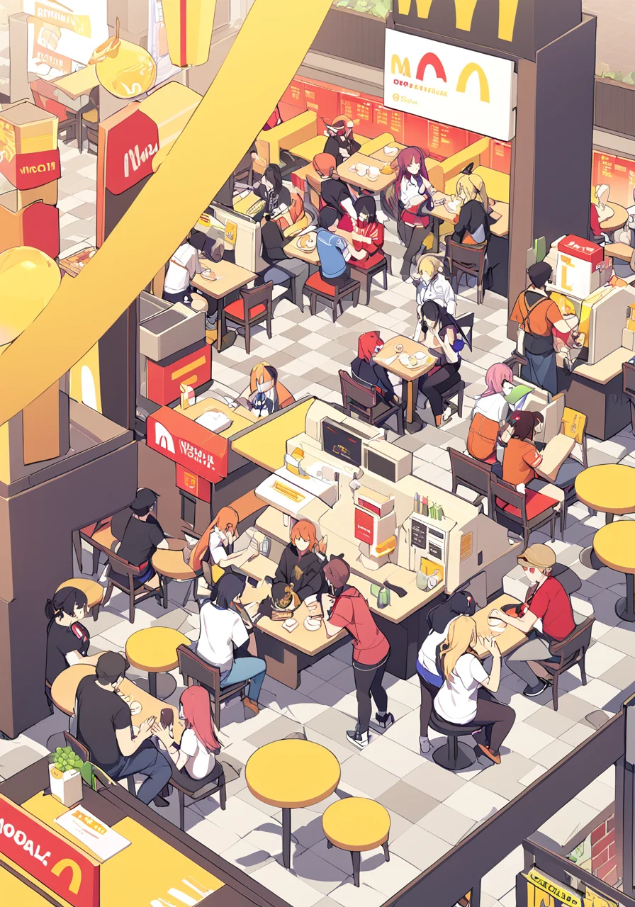 a group of people inside a McDonald's restaurant, <lora:wisosdxl:0.8>, wisosdxl, best quality, masterpiece, isometric scene,