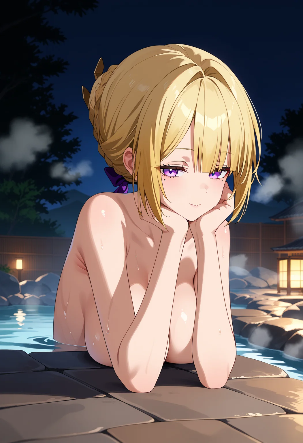 score_9, score_8_up, score_7_up, source_anime,
BREAK
1girl, solo,
<lora:shiEvelynV1:1>
shievezzzstyle,
purple eyes, short hair, blonde hair, braid, sidelocks, hair bun, mole under eye,
large breasts, relaxing, head rest, armpits, leaning forward, lying,
onsen, bathing, outdoors, night sky, partially submerged, completely nude, upper body, shiny skin, fog, steaming body,
looking at viewer, half-closed eyes, seductive smile, scenery, leg lift, wet,