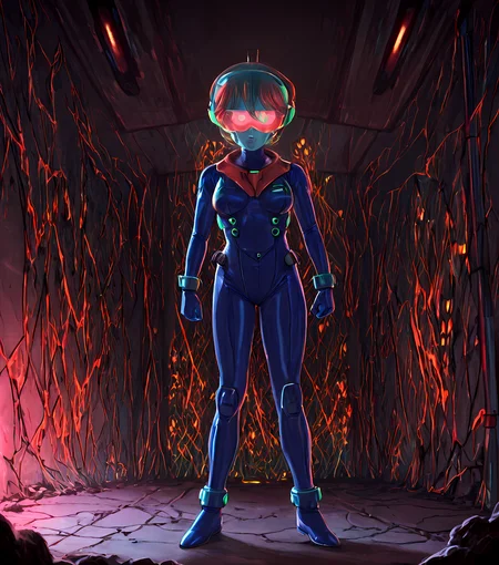 orbiting control pod above a dying planet, 1girl as alien princess with glimmering bodysuit, glowing red and blue analog interfaces, 1980s sci-fi pulp cover style with vibrant grain, cracks in her visor and ambient sparks, retro sci-fi control room, ultra-detailed, cinematic lighting, 4K render