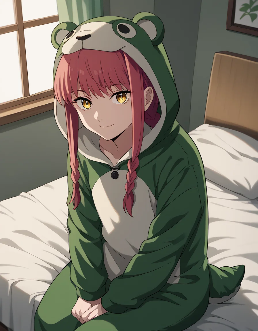 score_9, score_8_up, score_7_up, source_anime, makima, <lora:chainsaw-man-makima-s1-ponyxl-lora-nochekaiser:1> makima, long hair, smile, bangs, yellow eyes, braid, red hair, braided ponytail, ringed eyes,, <lora:kigurumi-ponyxl-lora-nochekaiser:1>, kigurumi, animal hood, animal costume, cosplay, rabbit costume, dragon costume, bear costume, dinosaur costume, sheep costume, cat costume, dog costume, panda costume, tiger costume,, indoors, bed, bed room, sitting, , looking at viewer, solo, cowboy shot, dutch angle