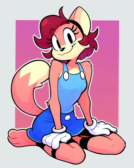 score_9_up, score_8_up, score_7_up, score_6_up, by remanedur, half-length portrait, short hair, furry female, female, furry, dipstick tail, black eyes, pink fur, white gloves, looking at viewer, ankle band, solo, smile, happy, three-quarter view, head tilt, blue shirt, blue skirt, slim, spats, tail, toony, simple background, white outline, <lora:Leah_Pines(AIM)_XL_v1:0.15> <lora:PDXL_artist_tags_v2_big:0.15> <lora:Sarah_N._Dippity_AtroxChobatsu:0.9>