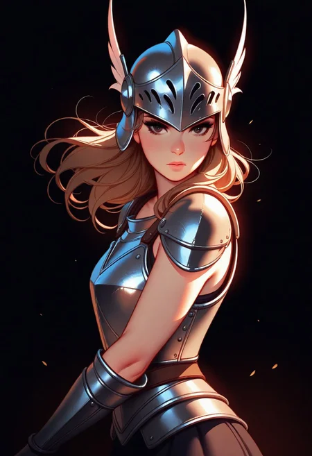 Tsuaii, flat colors,high detailed, high quality, masterpiece,
1girl, upper body, (black background), dynamic lighting, standing, battle stance,
steel breastplate, greek helmet,