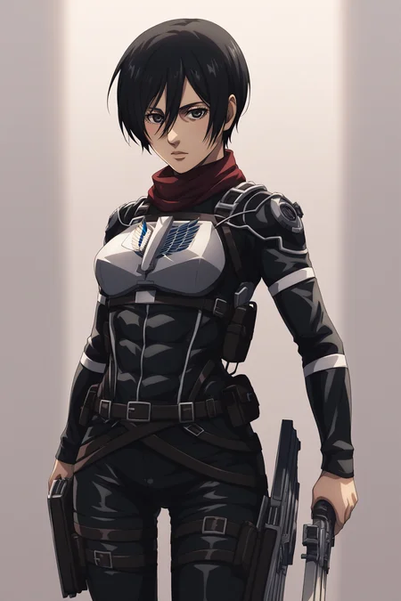 score_9, score_8_up, score_7_up, BREAK source_anime, <lora:adult mikasa ackerman-PonyXL-lora-faxtron:0.8> adult mikasa ackerman, black eyes, black hair, short hair, paradis military uniform, chest armor, belt, thigh strap,