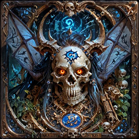 score_9, score_8_up, score_7_up, Card, Tarot, graphic border, Illustrative, Dark atmosphere, skull, bat wings, text, detailed, masterpiece