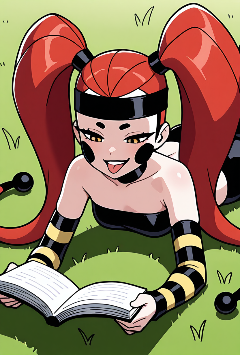 <lora:frightwig:1> frightwig, 1girl, long hair, red hair, bare shoulders,  black lips, striped sleeves, black cheeks, detached sleeves, facing forward, grin,  tentacle hair, seductive pose,  black headband, forehead band, twintails, midriff, strapless bra, prone, on grass, reading book, half closed eyes, tongue out, :P, outdoors,, masterpiece, best quality, amazing quality, very aesthetic, absurdres, newest,