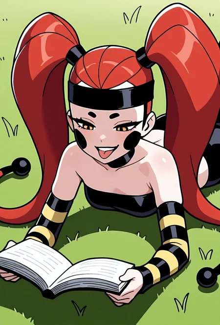<lora:frightwig:1> frightwig, 1girl, long hair, red hair, bare shoulders,  black lips, striped sleeves, black cheeks, detached sleeves, facing forward, grin,  tentacle hair, seductive pose,  black headband, forehead band, twintails, midriff, strapless bra, prone, on grass, reading book, half closed eyes, tongue out, :P, outdoors,, masterpiece, best quality, amazing quality, very aesthetic, absurdres, newest,