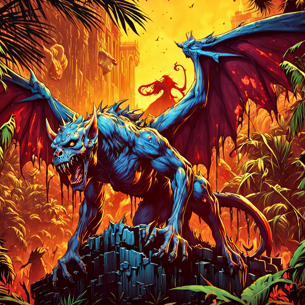 professional 3d model breathtaking anime artwork zombie gargoyle , horrible terror, gore, blood,   in jungle by  dnmumfrd <lora:dan_mumford_v09:1.5>  cornell box . anime style, key visual, vibrant, studio anime, highly detailed . award-winning, professional, highly detailed . octane render, highly detailed, volumetric, dramatic lighting