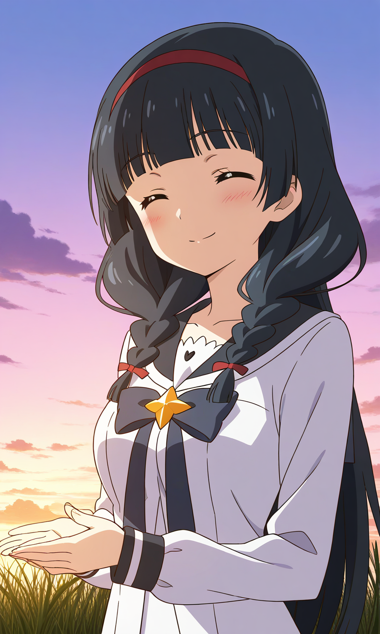 general,highres, ultra-detailed,very aesthetic,best quality ,best hands,  BREAK <lora:Itsuki_Houkago_no_Pleiades_IS:1> BREAK,
Itsuki(Pleiades), 1girl,solo, black hair, long hair, blue eyes, red hairband, twin braids, blunt bangs,breasts, anime coloring, BREAK,
 solo, closed eyes, school uniform, blush, smile, cloud, sky, serafuku, upper body, long sleeves, cloudy sky, closed mouth, shirt, ribbon
grass, sky,
