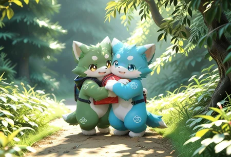 score_9, score_8_up, score_7_up, zPDXL3, ((((sdgs3by zuppu11)))), 2boys, duo, furry, cute, kemono, detailed background, park background, hugging, rating_safe