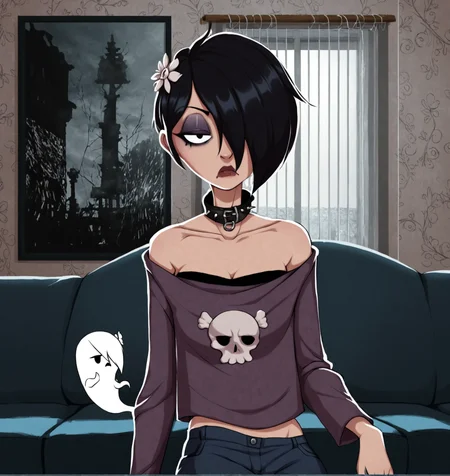 <lora:Pony_DetailV2.0:2>, score_9, score_8_up, score_7_up, score_6_up, Detailed Background, BREAK
<lora:Carrie_Rosenburg:0.8>, carrie, black hair, 1girl, hair over one eye, short hair, off shoulder, collar, makeup, BREAK
<lora:Carrie_Krueger_Gumball_for_PonyXL:0.8>, carrie_krueger, hair over one eye, 1girl, ghost tail, hair flower, BREAK
2girls, sitting on couch, living room, detailed background,