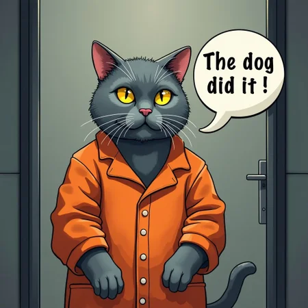 A grey cat in orange prison suit in jail. A speechbubble with text "The dog did it!"