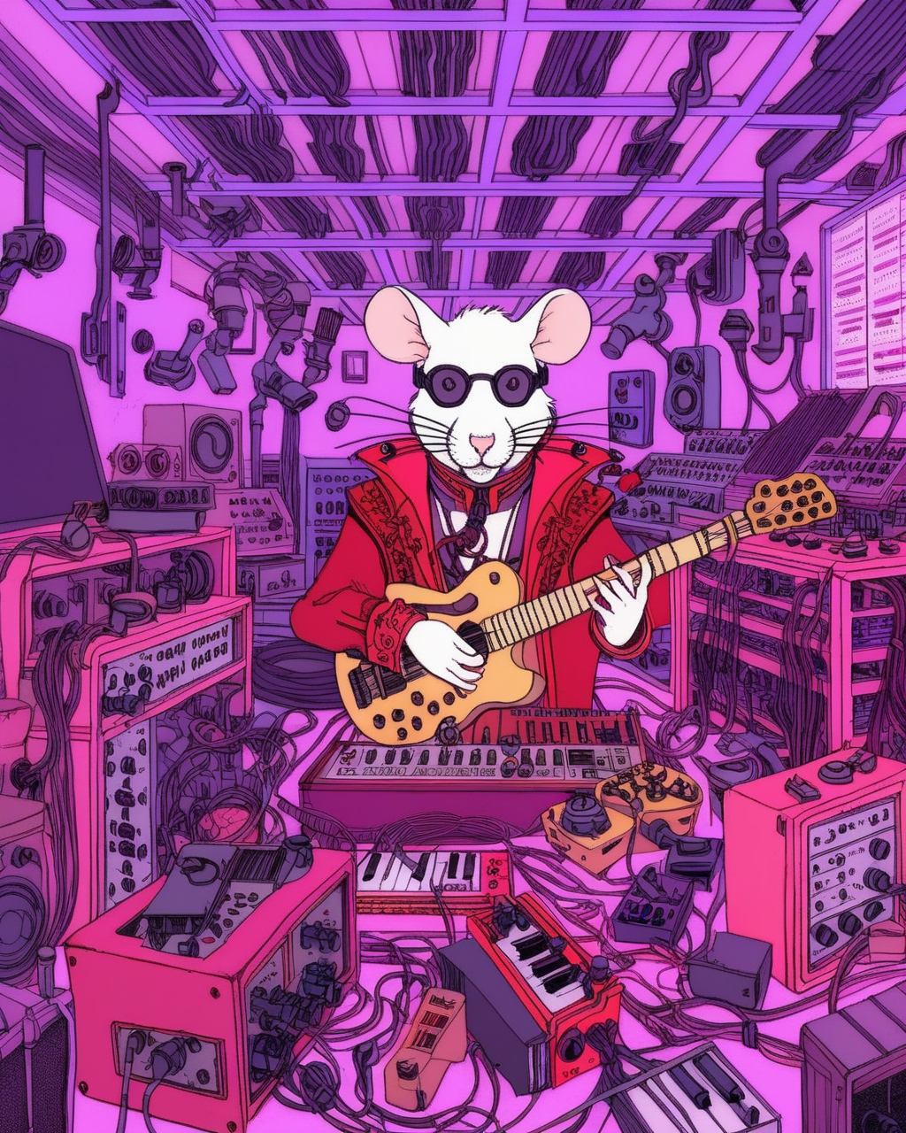 a room filled with lots of electronic equipment, victo ngai cyberpunk style, cyberpunk mouse folk engineer <lora:deathburgerxl:1>