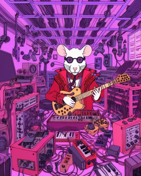 a room filled with lots of electronic equipment, victo ngai cyberpunk style, cyberpunk mouse folk engineer <lora:deathburgerxl:1>