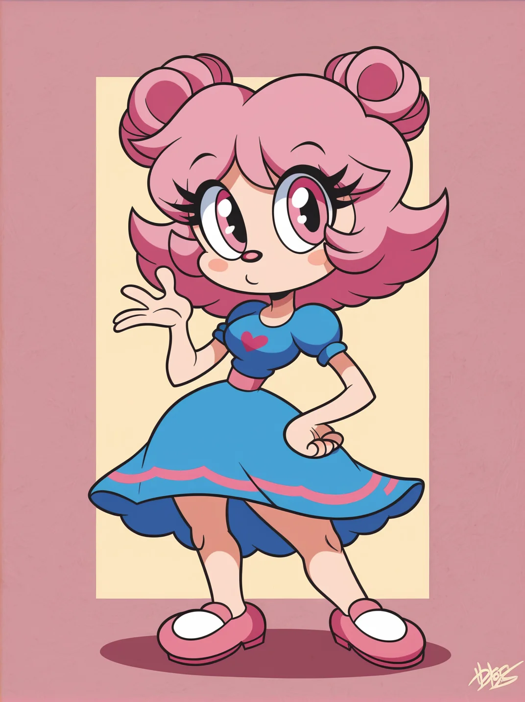 score_9,
1girl, idol, multicolored clothes, dress, fluffy skirt, pink hair, pink eyes, medium breasts, narrow waist, wide hips, thick thighs, one hand on hips, one hand up,
front, looking at viewer, (dynamic pose:1.1), full body, colorful background,
, RetroXL, toon \(style\), semi chibi, flat color, big eyes, <lora:RetroToonXL_Style:1>