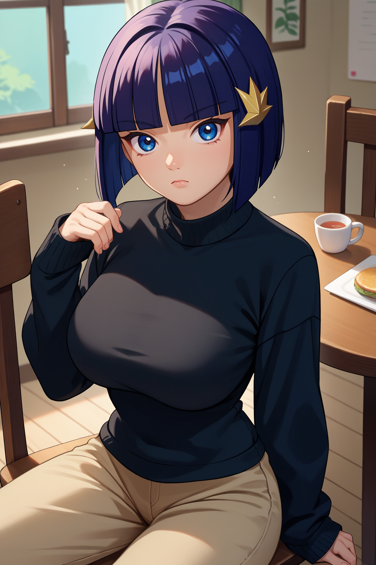 score_9, score_8_up, score_7_up, score_6_up, source_anime, 1girl, solo  <lora:latlamirah-pdxl-nvwls-v1-000005:1> latla, dark blue hair, bob cut, short hair, blunt bangs, blue eyes, hair ornament, black sweater, large breasts, sleeves past wrists, beige pants, sitting, looking at you, indoors, curious, chair, table
