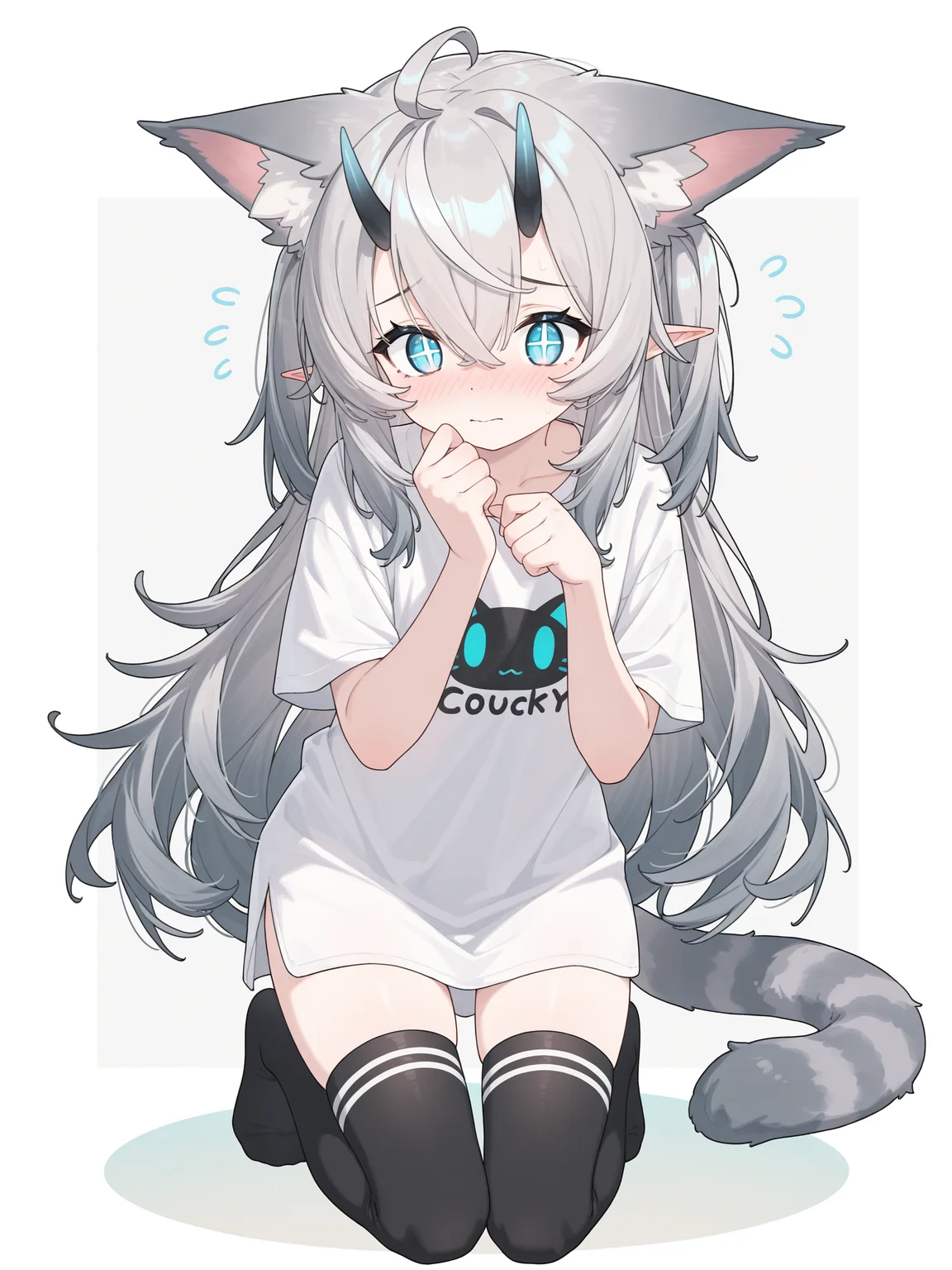 <lora:cuite:1>,Ñute girl,cat ears,+_+,blue eyes,grey hair,long hair,5 fingers,cat tail,full body,shy,thighhighs,t-shirt,