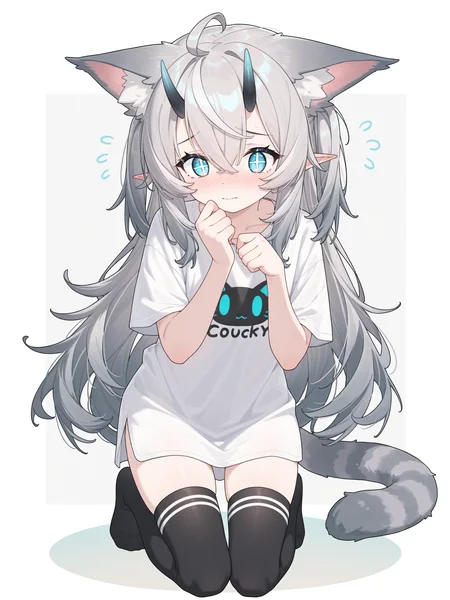 <lora:cuite:1>,Ñute girl,cat ears,+_+,blue eyes,grey hair,long hair,5 fingers,cat tail,full body,shy,thighhighs,t-shirt,