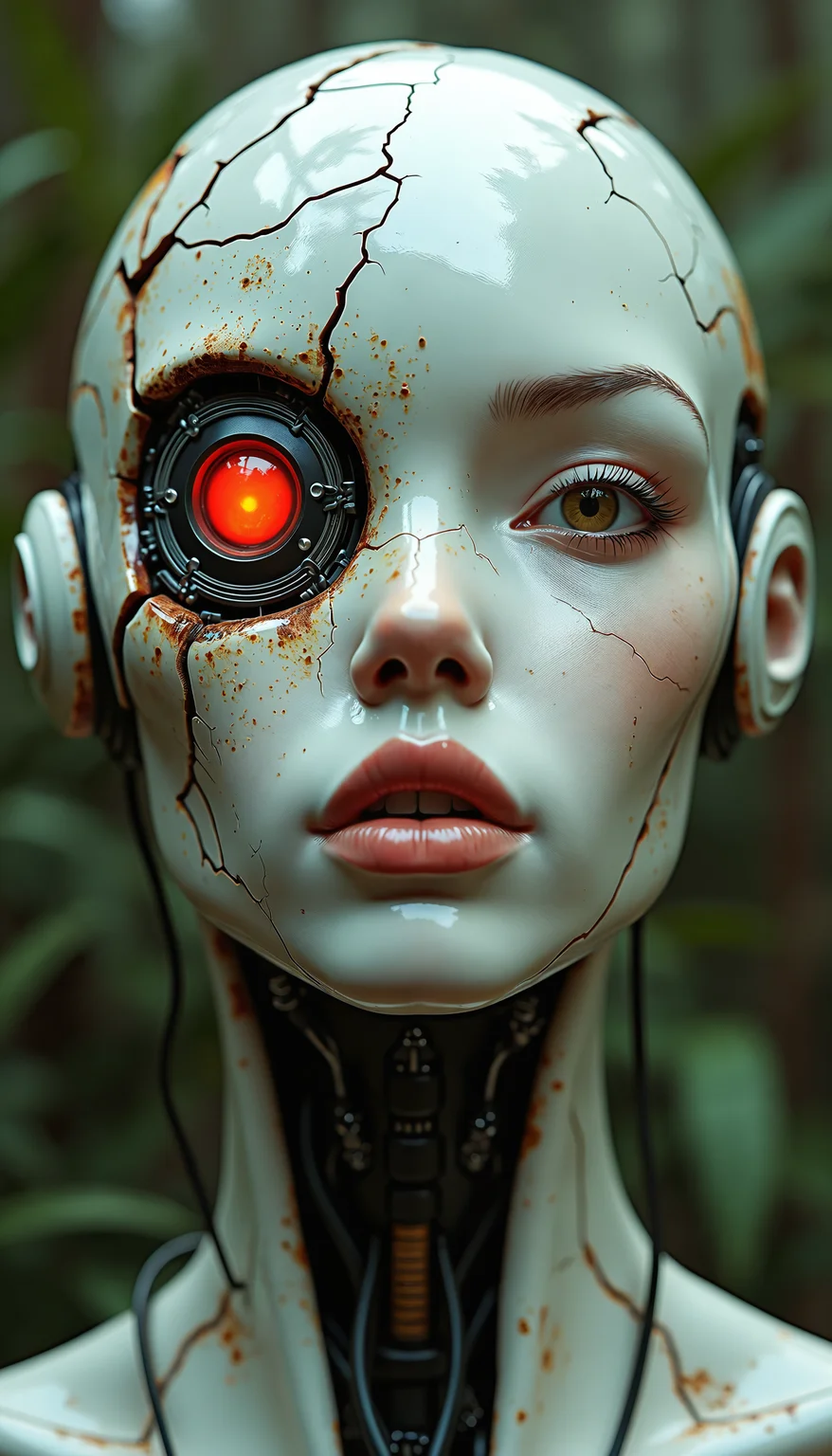 Retro-futuristic android portrait, cracked porcelain-like face with exposed cybernetics. Hyper-realistic human eyes, one framed by intricate mechanical eyelid. Weathered off-white surface, etched with fine fracture lines and rust stains. Soft, lifelike lips contrast with synthetic skin. Segmented panels reveal glimpses of complex circuitry beneath. Delicate nose sculpted with artificial precision. Visible joints and seams along cheekbones and forehead. One eye socket houses glowing red sensor. Tangle of obsolete wires and tubes at neck. Lush, overgrown backdrop hints at post-apocalyptic setting. Harsh, dramatic lighting emphasizes textures. 1980s-inspired cyberpunk aesthetic meets baroque detailing. Ultra-high resolution, photorealistic rendering.