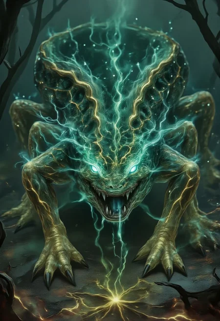 An awe-inspiring depiction of a colossal basilisk, its emerald-green scales shimmering with an intense, otherworldly magical glow, each scale pulsating with radiant green and gold light as if alive with arcane energy. The creature’s serpentine body coils with immense power, refracting dazzling beams of light that dance across the misty air. Its glowing, hypnotic eyes blaze like twin suns, radiating an overwhelming aura of menace and ancient, mystical wisdom. Bioluminescent mist swirls and flows from its wide, fanged jaws, sparkling with countless pinpoints of light, as if its very breath carries the essence of magic. The surrounding atmosphere is bathed in a vivid, luminous green hue, with rippling waves of energy cascading outward. Magical runes etched into the ground beneath its massive body glow brightly, crackling with arcane power and sending tendrils of light spiraling upward, completing the breathtaking scene of an ancient, mystical predator emanating raw, supernatural majesty