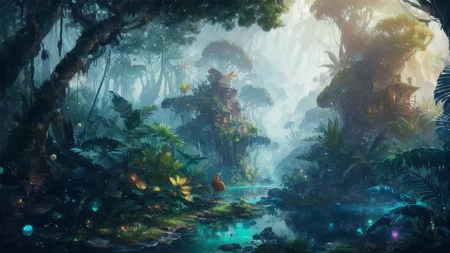 extreme long shot, rainforest, massive ferns, monkeys, colorful birds, humid air, water droplets, small rocks, <lora:FantasyLandscape:.6>, <lora:epi_noiseoffset2:.4>, art by evan cagle and greg rutkowski,