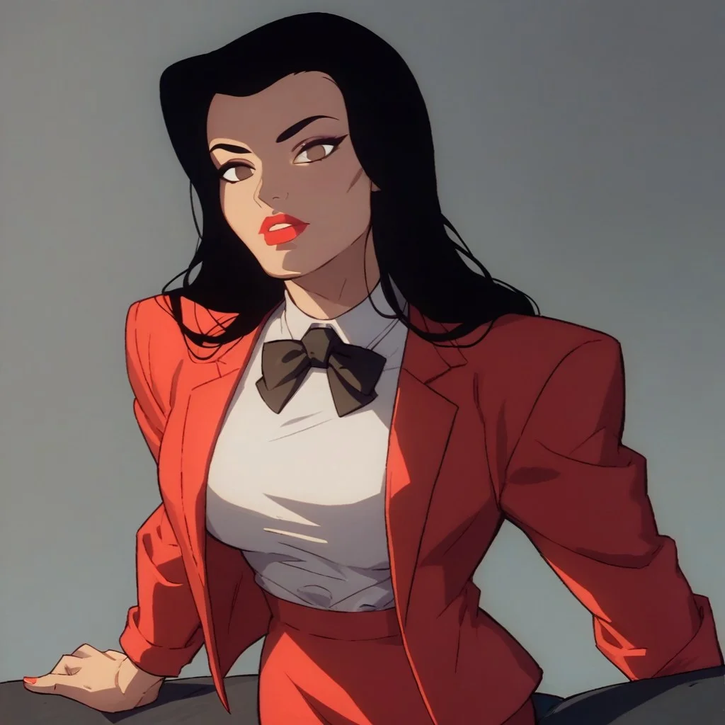 score_9, score_8_up, score_7_up, solo, 1girl, lipstick, black hair, long hair, brown eyes, no pupils, suit, red jacket, white shirt, red pencil skirt, black bowtie, formal, looking at viewer, breast, Candice (dc)