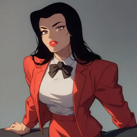 score_9, score_8_up, score_7_up, solo, 1girl, lipstick, black hair, long hair, brown eyes, no pupils, suit, red jacket, white shirt, red pencil skirt, black bowtie, formal, looking at viewer, breast, Candice (dc)