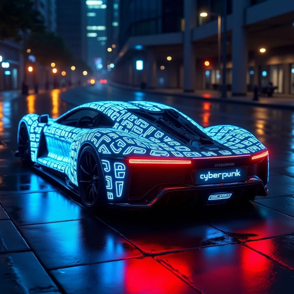 This photograph captures a futuristic, high-tech sports car,there is glowing text texture all over on the car with letters "cyberpunk" with a futuristic letter style,the car is likely a concept vehicle, parked on a wet, glistening street at night. The car's sleek, aerodynamic design is accentuated by intricate neon blue and red wireframe lines that outline its body, suggesting a cyberpunk aesthetic. The vehicle's headlights and taillights are glowing with a bright, pulsating blue light, while the rear lights are red, creating a striking contrast.
<lora:glowing_text_flux:0.8>