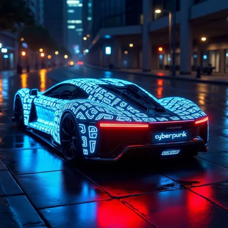 This photograph captures a futuristic, high-tech sports car,there is glowing text texture all over on the car with letters "cyberpunk" with a futuristic letter style,the car is likely a concept vehicle, parked on a wet, glistening street at night. The car's sleek, aerodynamic design is accentuated by intricate neon blue and red wireframe lines that outline its body, suggesting a cyberpunk aesthetic. The vehicle's headlights and taillights are glowing with a bright, pulsating blue light, while the rear lights are red, creating a striking contrast.
<lora:glowing_text_flux:0.8>