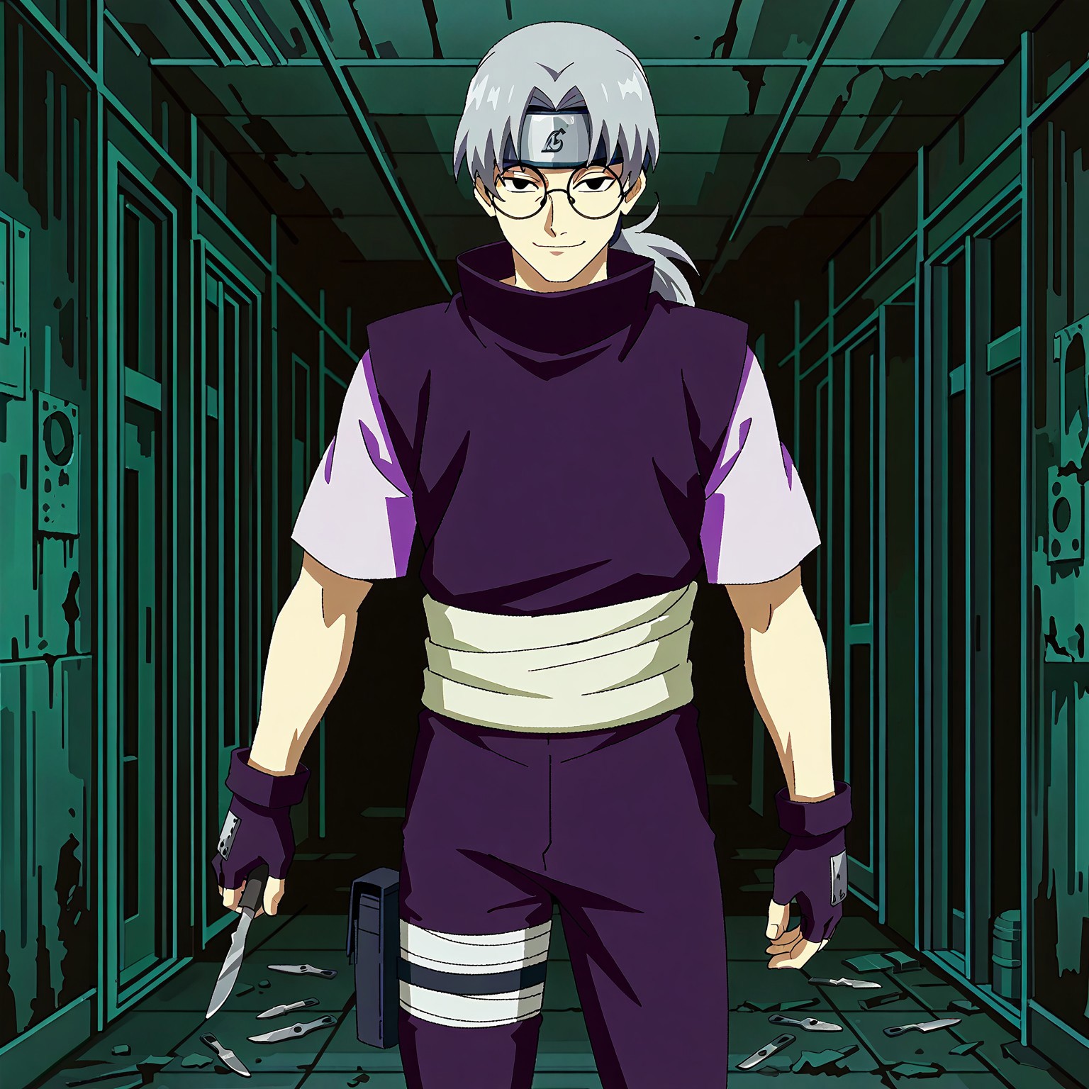 safe_pos, masterpiece, best quality, newest, absurdres, highres, anime, anime style, 1boy, solo, looking at viewer, KabutoYakushi,1boy, solo, glasses, grey hair, black eyes, curtained hair, low ponytail, long hair,  round eyewear,forehead protector, headband, purple shirt with white sleeves, purple pants, blue shoes, sandals, gloves, fingerless gloves, butt pack, leg pouch, waist sash, evil smiling, holding a scalpel in right hand, cowboy shot, Abandoned Hospital setting, dark, darkness,