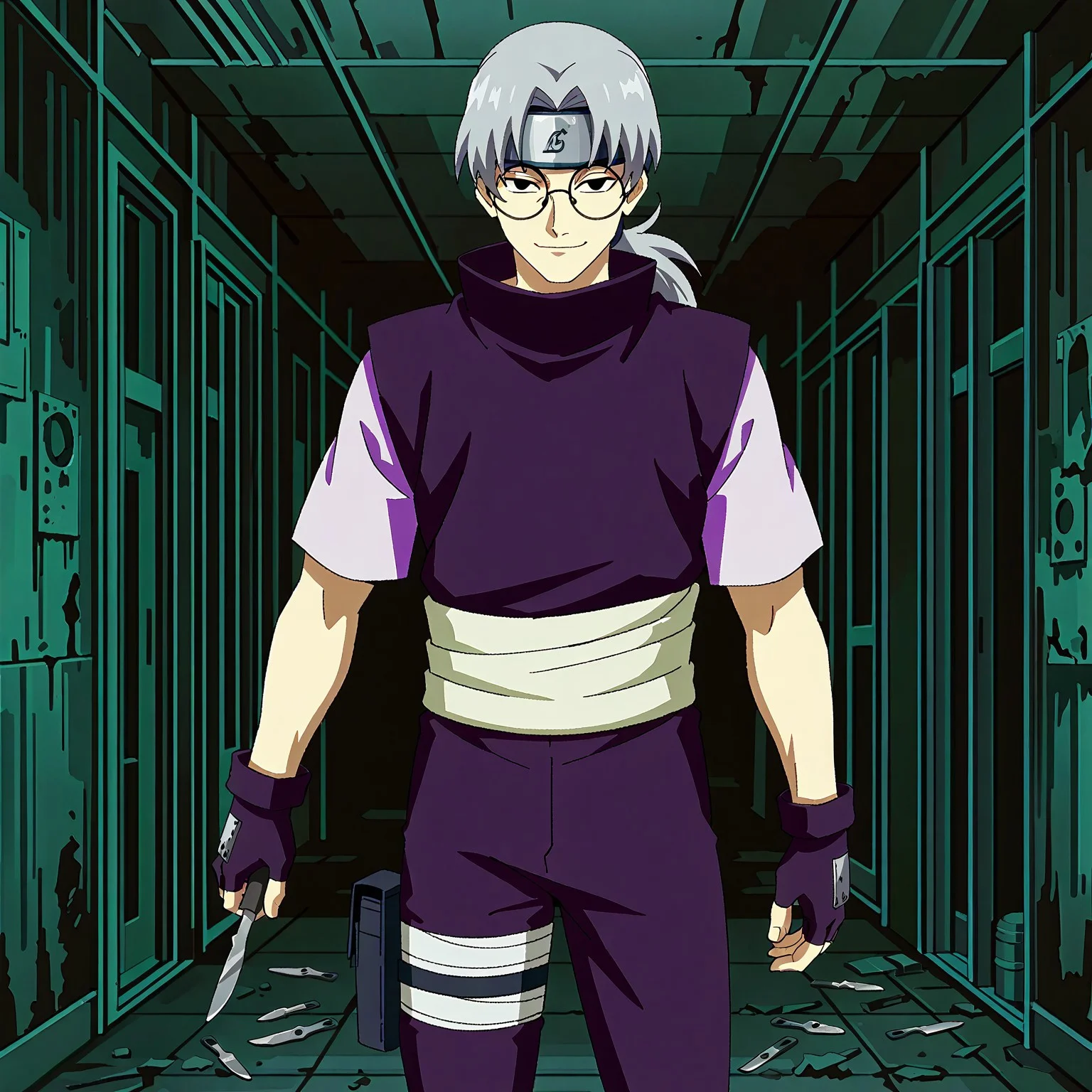 safe_pos, masterpiece, best quality, newest, absurdres, highres, anime, anime style, 1boy, solo, looking at viewer, KabutoYakushi,1boy, solo, glasses, grey hair, black eyes, curtained hair, low ponytail, long hair, round eyewear,forehead protector, headband, purple shirt with white sleeves, purple pants, blue shoes, sandals, gloves, fingerless gloves, butt pack, leg pouch, waist sash, evil smiling, holding a scalpel in right hand, cowboy shot, Abandoned Hospital setting, dark, darkness,