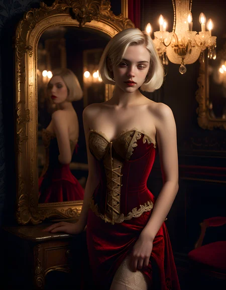 1girl, solo, looking_at_viewer, In a dimly-lit, Victorian-era parlor adorned with antique chandeliers casting warm, flickering light, a solitary woman in her mid-20s stands before an ornate mirror, poised in a provocative yet elegant pose with one hand casually resting on her hip and the other delicately positioned to her parted lips. Her short, platinum blonde hair is styled in a sleek, asymmetrical bob, and she wears a striking red velvet corset dress adorned with intricate gold embroidery and lace, the bodice of which is unfastened slightly to reveal a hint of ivory lingerie beneath. Her closed eyes are heavy-lidded and smoldering, captivating the viewer's attention as she maintains a confident, sultry gaze, her full lips slightly parted, suggesting a hint of vulnerability and invitation. The dark, velvet background absorbs the light, making her vividly contrasting outfit pop against the shadows, creating an intensely passionate and alluring atmosphere.