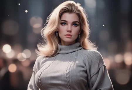 score_9, score_8_up, score_7_up, ar3na1989, 1girl, blonde hair, (busty), silver sweater, (bokeh), sci-fi, dark atmosphere, moody, aesthetic, eye makeup