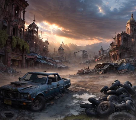 RAW photo, (masterpiece:1.3), subsurface scattering, heavy shadow, (high quality:1.4), (intricate, high detail:1.2), professional photography, HDR, High Dynamic Range, realistic, ultra realistic, photorealistic, high resolution, film photography, ambient lighting, atmospheric effects, <lora:detail_slider_v4:2>, OverallDetail, <lora:Wasteland-10:1>, style-rustmagic, building, car, cloud, cloudy sky, ground vehicle, motor vehicle, mountain, no humans, outdoors, overgrown, road, scenery, sky, sunset, wasteland, water, window, epiCPhoto