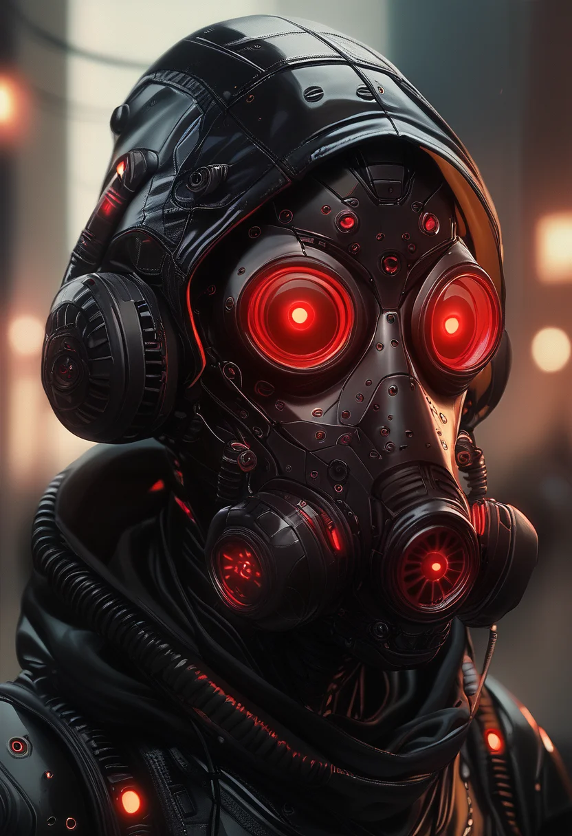 (score_9, score_8_up), score_7_up, red eyes, armor, blurry, mask, glowing, helmet, robot, science fiction, realistic, cable, gas mask, cyberpunk, tube, hood,
<lora:Gas_mask-000009:1>