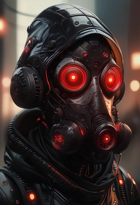 (score_9, score_8_up), score_7_up, red eyes, armor, blurry, mask, glowing, helmet, robot, science fiction, realistic, cable, gas mask, cyberpunk, tube, hood,
<lora:Gas_mask-000009:1>