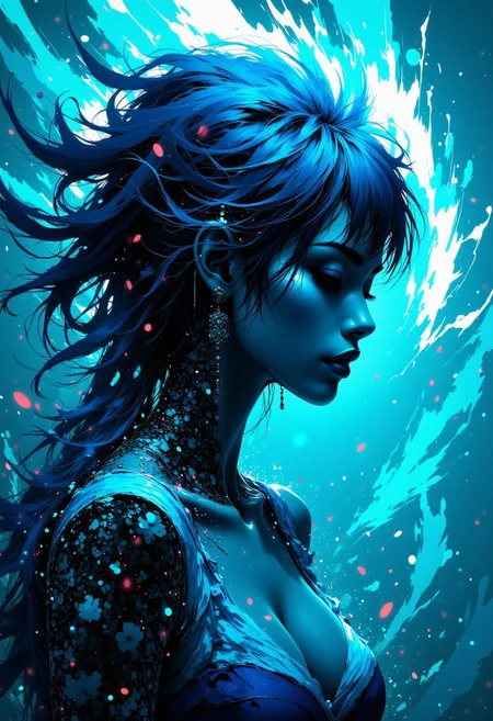 Silhouette Art, magnificent. female oriental water elemental, long blue hair, bangs, pulsing with water and blue electrical energy, cyan and teal background