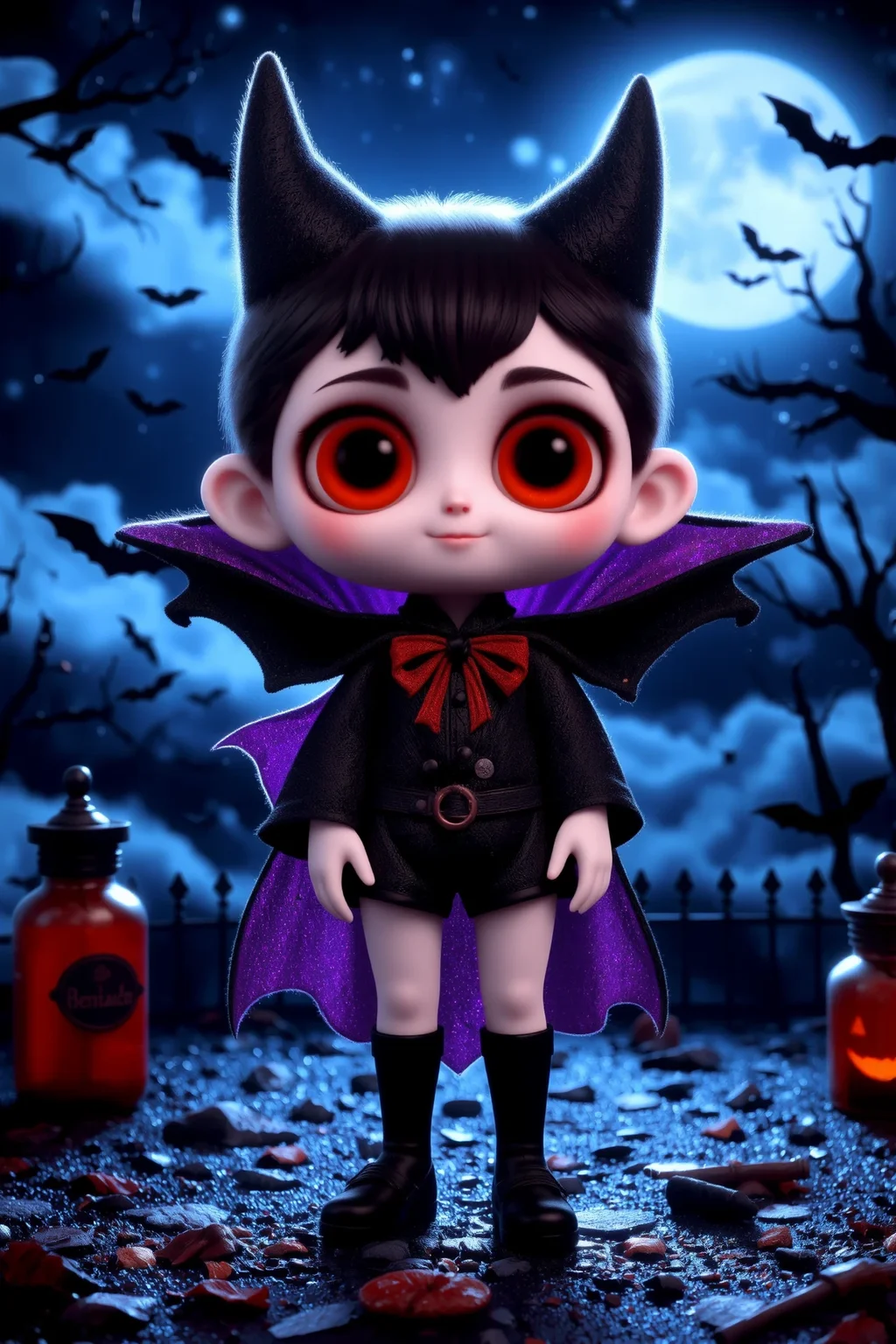 cute, halloween night, horror, (bats), moon in the sky, portrait, (standing:1.2), happy smiling, red eyes,(very detailed), best quality, sharp focus, Neon Purple flowing vampire cape, scattered potion bottles, horror noir, haunted rainstorm, soft fog-filtered light, ethereal lights, backlight, shadows, high contrast, hdr, <lora:Anti-Blur:0.8> <lora:Hand v2:0.8> Detailed hand, Hand, Perfect hand <lora:aidmaImageUpgrader:0.8> aidmaimageupgrader <lora:PinkieChibiHalloweenFLUX:0.8> pinkchibihalloween