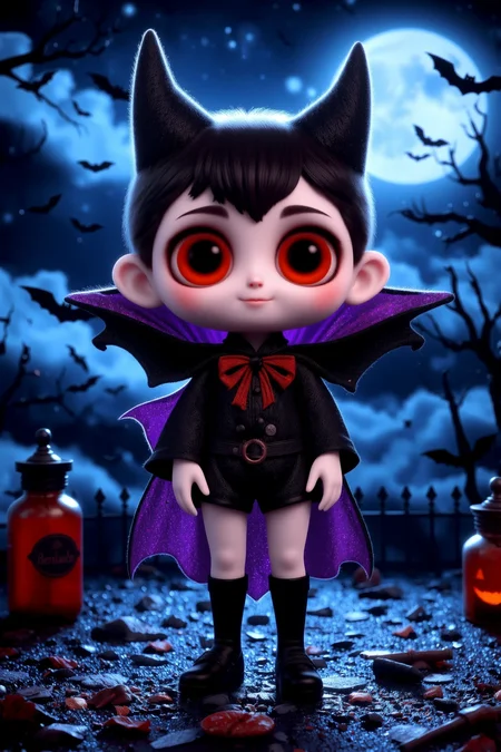 cute, halloween night, horror, (bats), moon in the sky, portrait, (standing:1.2), happy smiling, red eyes,(very detailed), best quality, sharp focus, Neon Purple flowing vampire cape, scattered potion bottles, horror noir, haunted rainstorm, soft fog-filtered light, ethereal lights, backlight, shadows, high contrast, hdr, <lora:Anti-Blur:0.8> <lora:Hand v2:0.8> Detailed hand, Hand, Perfect hand <lora:aidmaImageUpgrader:0.8> aidmaimageupgrader <lora:PinkieChibiHalloweenFLUX:0.8> pinkchibihalloween