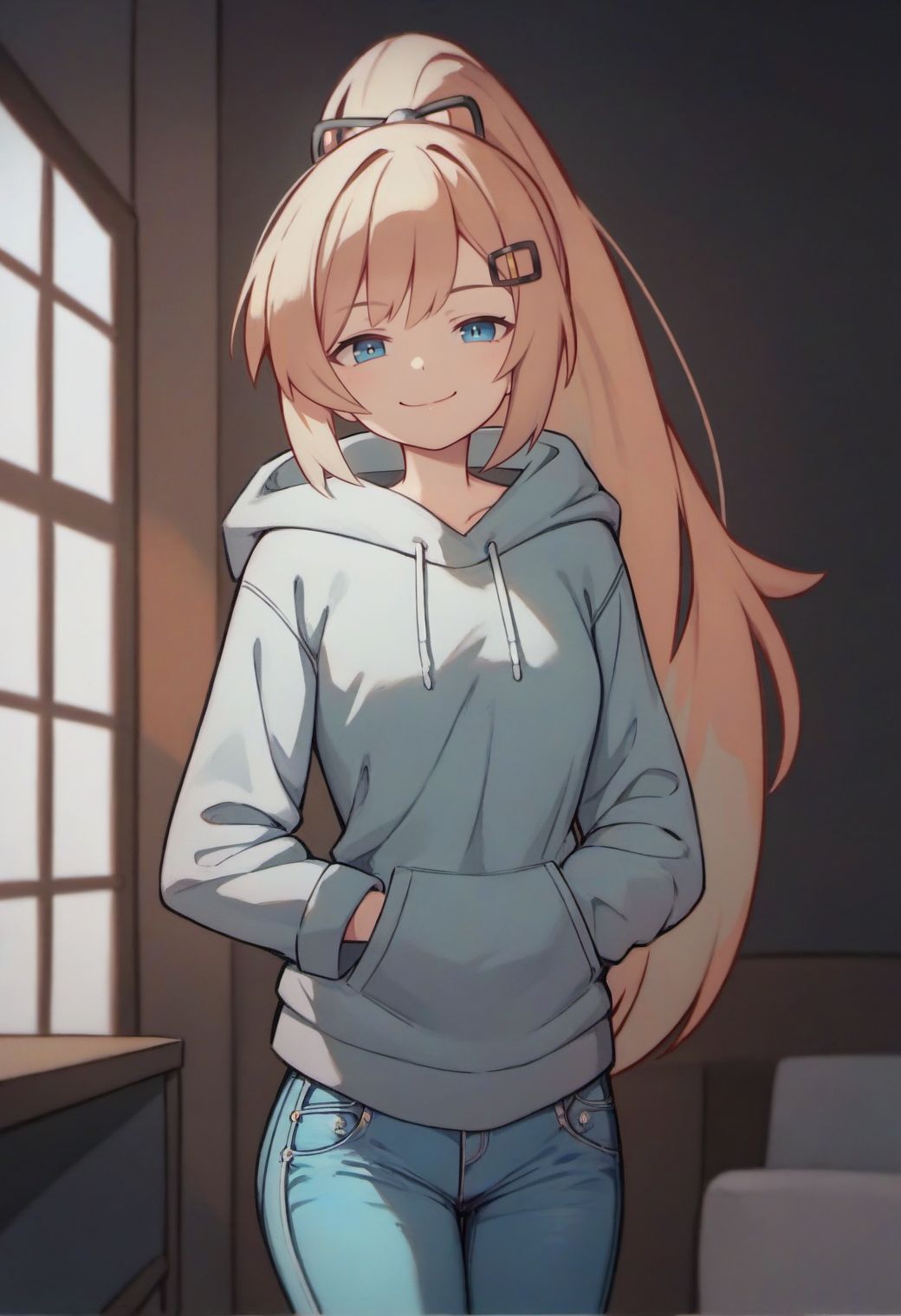 score_9, score_8_up, score_7_up, score_6_up, traditional media, tsukar3ta style,
1girl, solo, long hair, looking at viewer, smile, hair ornament, long sleeves, closed mouth, blue eyes, standing, ponytail, hairclip, indoors, hood, blond hair, hoodie, hood down, smug, grey hoodie, jeans, 
<lora:tsukareta_san_style:0.8>,
<lora:fix_hands:1.5>,