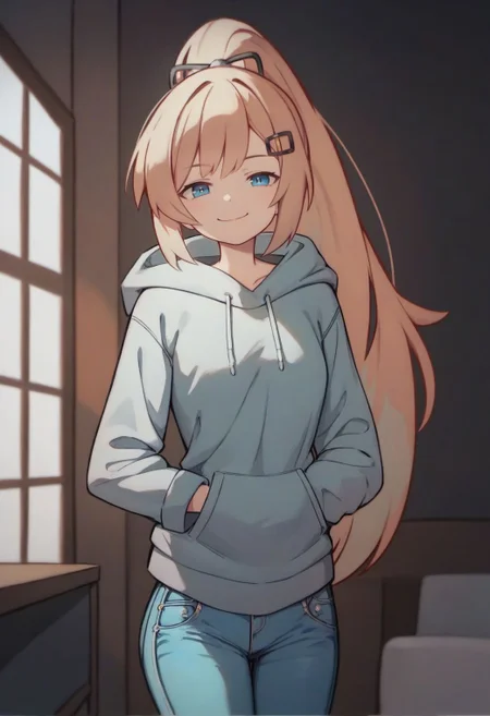 score_9, score_8_up, score_7_up, score_6_up, traditional media, tsukar3ta style,
1girl, solo, long hair, looking at viewer, smile, hair ornament, long sleeves, closed mouth, blue eyes, standing, ponytail, hairclip, indoors, hood, blond hair, hoodie, hood down, smug, grey hoodie, jeans,
<lora:tsukareta_san_style:0.8>,
<lora:fix_hands:1.5>,
