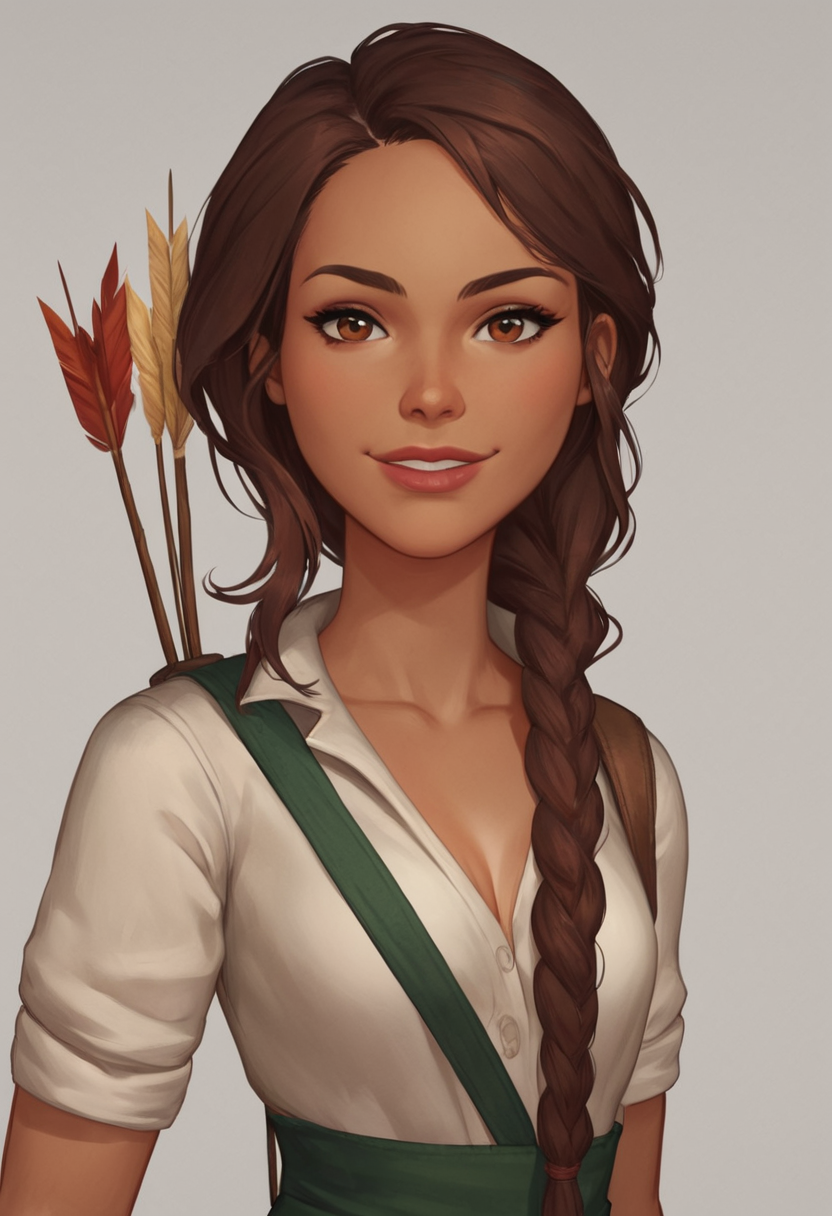 score_9, score_8_up, score_7_up, 1girl, solo,  carol_of_the_arrow, brown hair, brown eyes, dark skin, braid, long hair, dynamic posing, dynamic angle, looking at viewer, light smile, simple background