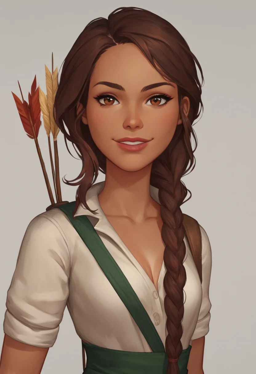 score_9, score_8_up, score_7_up, 1girl, solo,  carol_of_the_arrow, brown hair, brown eyes, dark skin, braid, long hair, dynamic posing, dynamic angle, looking at viewer, light smile, simple background